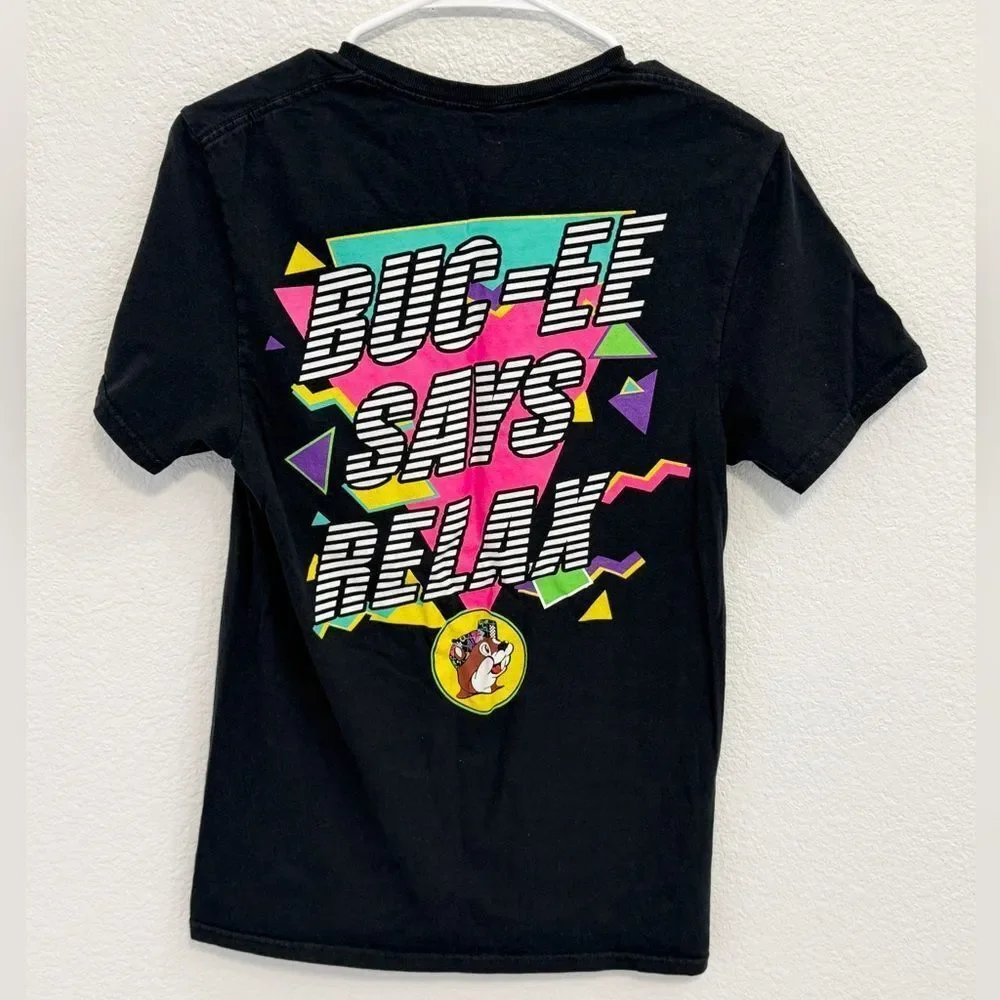 Buc-ee's 'Buc-ee Says Relax' Graphic T-Shirt Black Neon 80s Retro Cotton Small - Picture 2 of 3